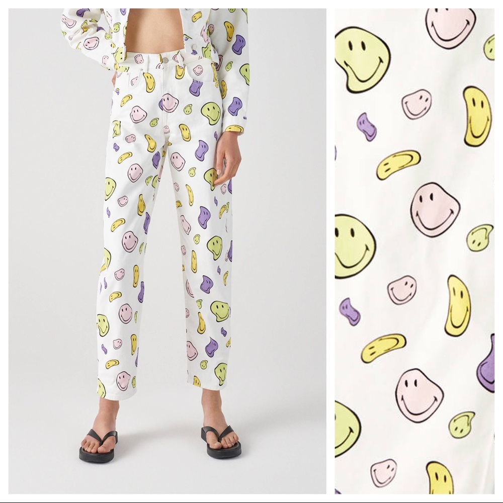 NWT. Pull & Bear White Bej Smiley Desenli Slouchy Jeans. Size 4.